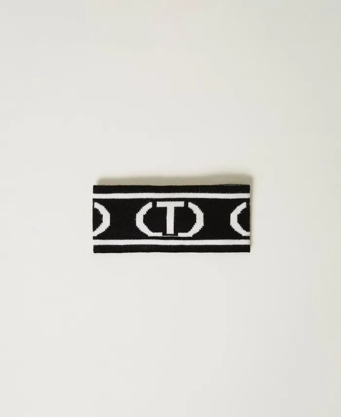Twinset Knitted Headband With Oval T Logo Bicolour Black Off White Girl