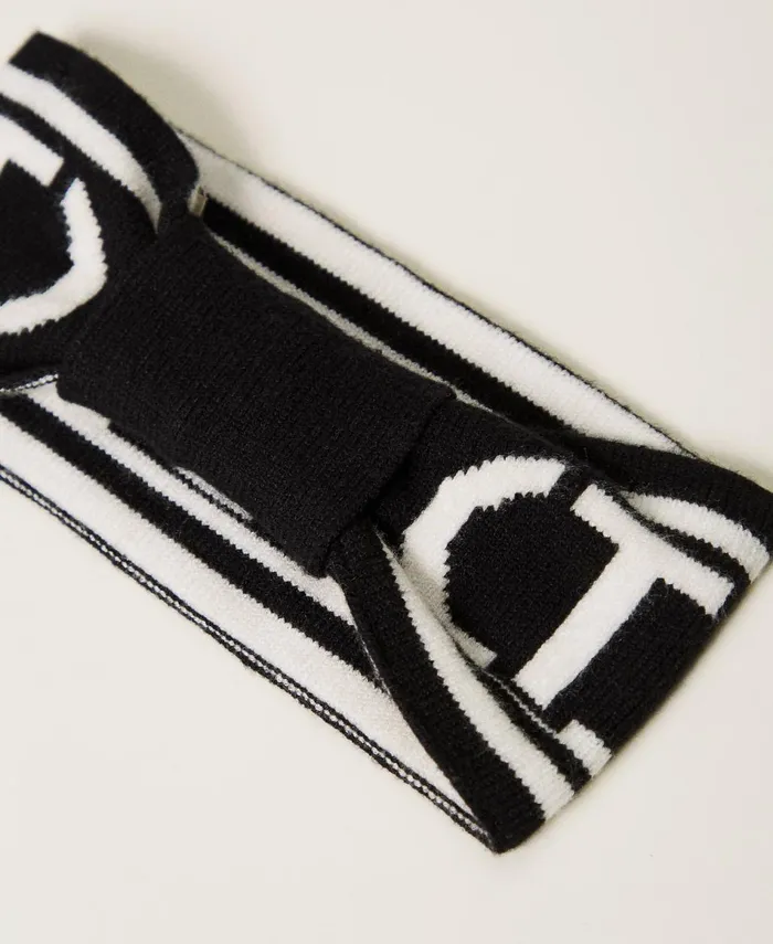 Twinset Knitted Headband With Oval T Logo Bicolour Black Off White Girl Twinset Knitted Headband With Oval T Logo Bicolour Black Off White Girl
