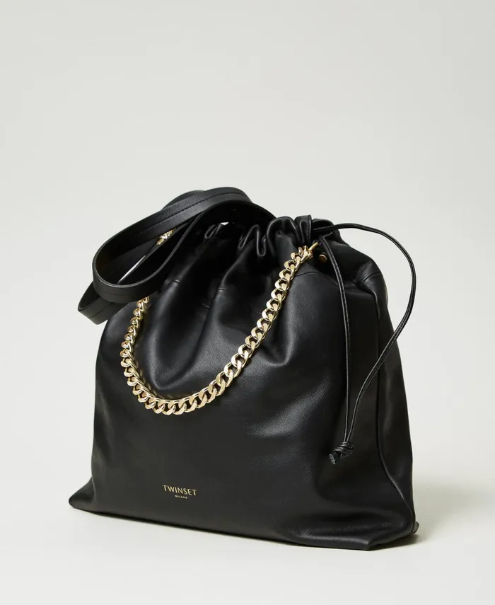 Twinset Large Leather Shopper Bag With Drawstring Black Women Shopping Bags