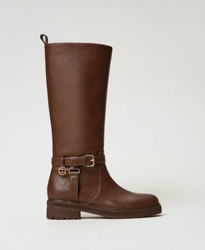 Twinset Leather Biker Boots With Oval T Dark Chocolate Brown Women Flat Shoes