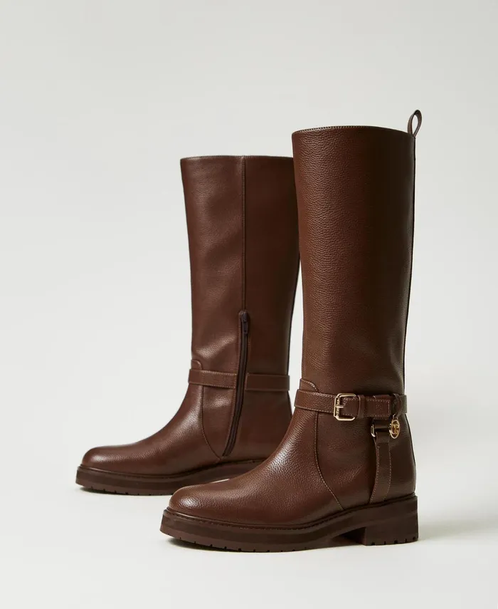 Twinset Leather Biker Boots With Oval T Dark Chocolate Brown Women Flat Shoes Twinset Leather Biker Boots With Oval T Dark Chocolate Brown Women Flat Shoes