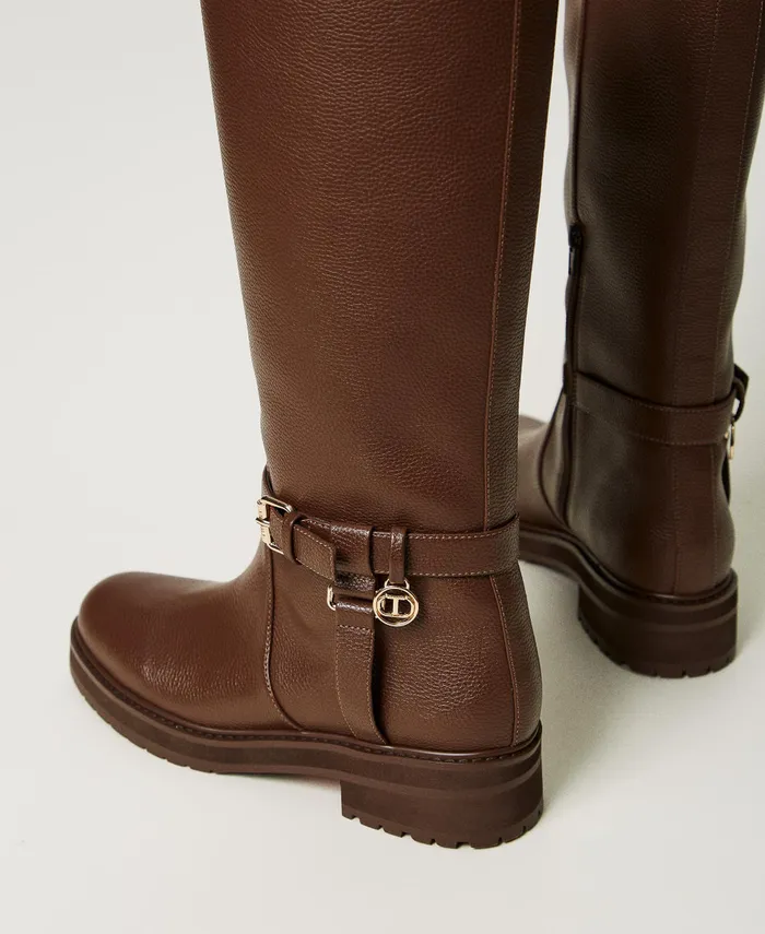 Twinset Leather Biker Boots With Oval T Dark Chocolate Brown Women Flat Shoes Twinset Leather Biker Boots With Oval T Dark Chocolate Brown Women Flat Shoes