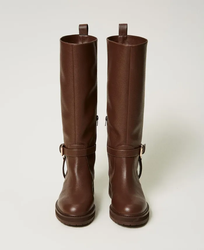 Twinset Leather Biker Boots With Oval T Dark Chocolate Brown Women Flat Shoes Twinset Leather Biker Boots With Oval T Dark Chocolate Brown Women Flat Shoes