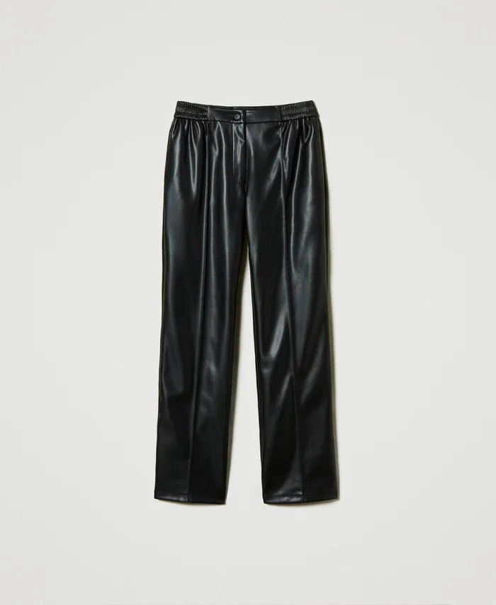 Twinset LeatherLike Trousers With Elasticated Waist Black Women Trousers Twinset LeatherLike Trousers With Elasticated Waist Black Women Trousers