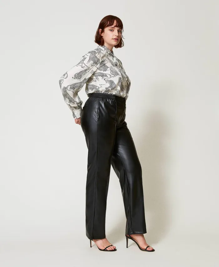 Twinset LeatherLike Trousers With Elasticated Waist Black Women Trousers Twinset LeatherLike Trousers With Elasticated Waist Black Women Trousers
