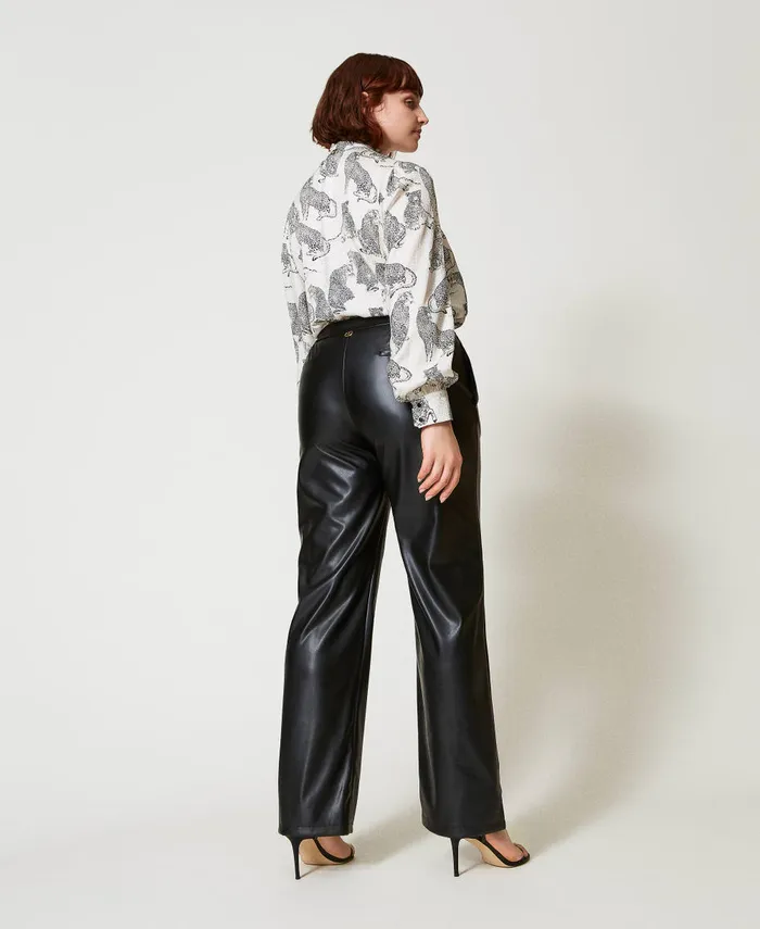 Twinset LeatherLike Trousers With Elasticated Waist Black Women Trousers Twinset LeatherLike Trousers With Elasticated Waist Black Women Trousers