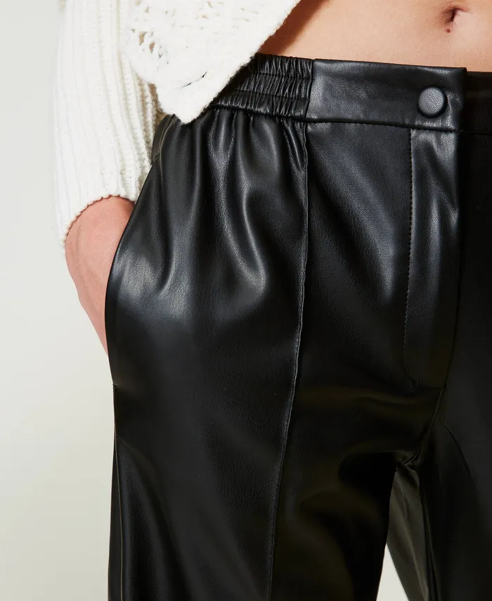 Twinset LeatherLike Trousers With Elasticated Waist Black Women Trousers Twinset LeatherLike Trousers With Elasticated Waist Black Women Trousers