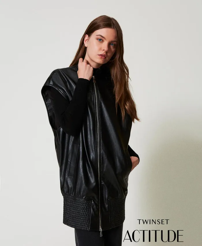 Twinset Long Faux Leather Sleeveless Jacket Black Women Jackets And Outerwear