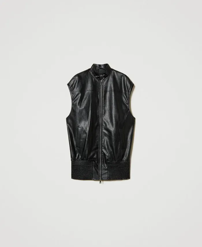 Twinset Long Faux Leather Sleeveless Jacket Black Women Jackets And Outerwear Twinset Long Faux Leather Sleeveless Jacket Black Women Jackets And Outerwear