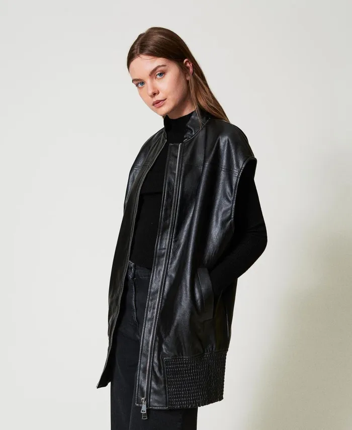 Twinset Long Faux Leather Sleeveless Jacket Black Women Jackets And Outerwear Twinset Long Faux Leather Sleeveless Jacket Black Women Jackets And Outerwear