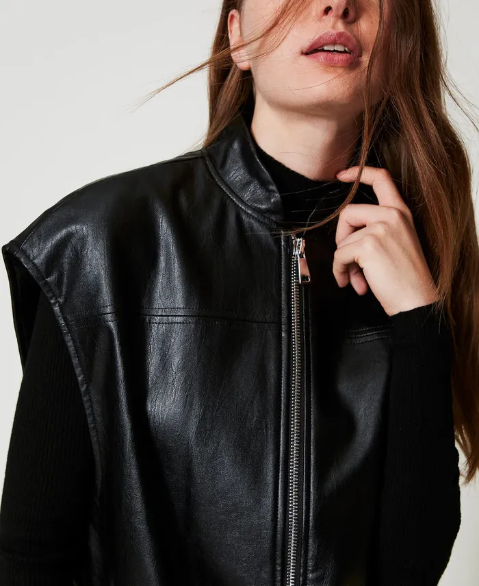 Twinset Long Faux Leather Sleeveless Jacket Black Women Jackets And Outerwear Twinset Long Faux Leather Sleeveless Jacket Black Women Jackets And Outerwear