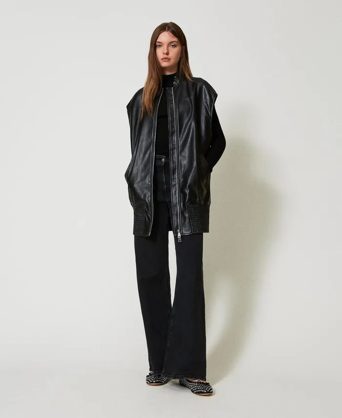 Twinset Long Faux Leather Sleeveless Jacket Black Women Jackets And Outerwear Twinset Long Faux Leather Sleeveless Jacket Black Women Jackets And Outerwear