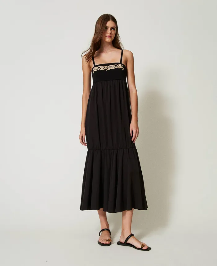 Twinset Long Knit Dress With Embroidery Black Women Dresses