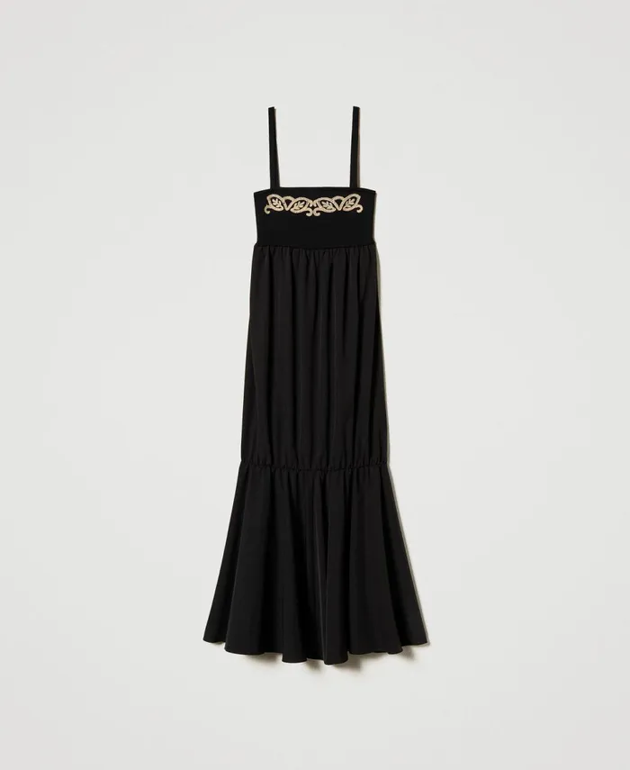 Twinset Long Knit Dress With Embroidery Black Women Dresses