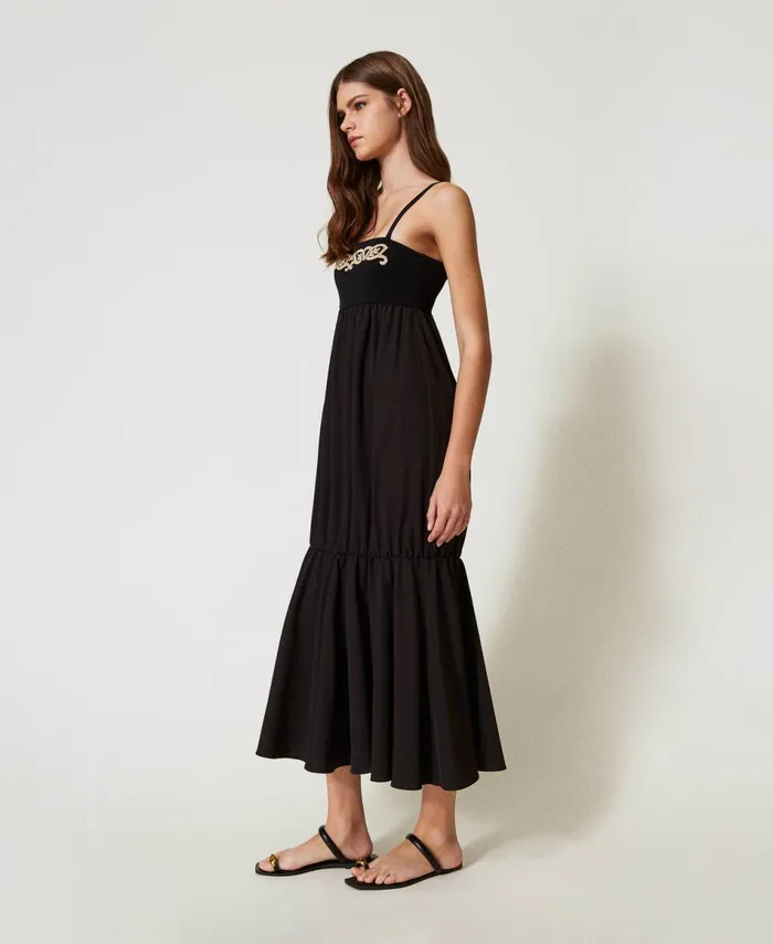 Twinset Long Knit Dress With Embroidery Black Women Dresses