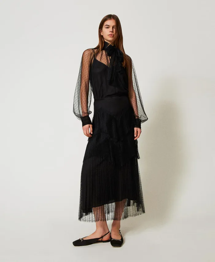 Twinset Long Tulle Skirt With Pleated Flounces Black Women Skirts