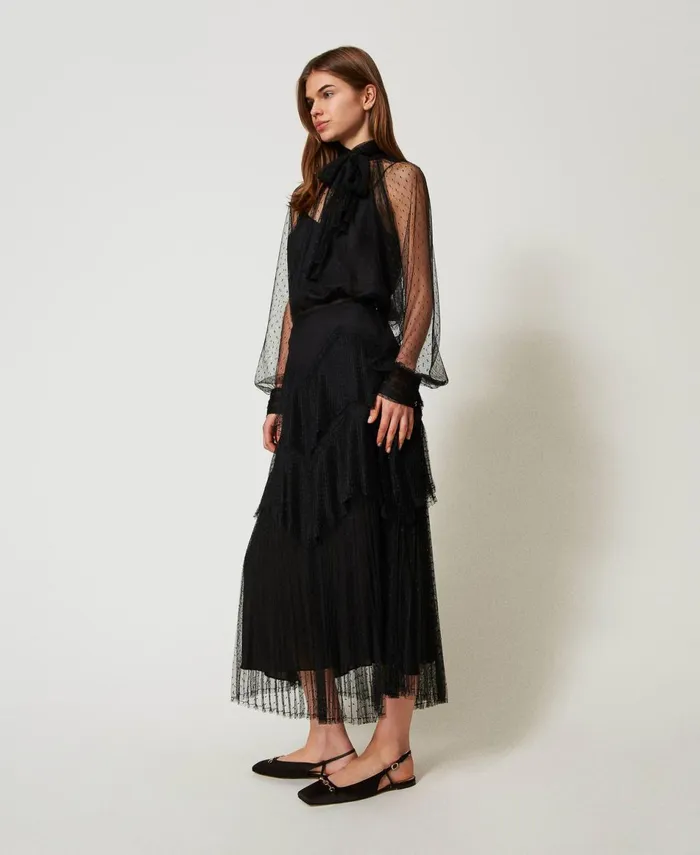 Twinset Long Tulle Skirt With Pleated Flounces Black Women Skirts Twinset Long Tulle Skirt With Pleated Flounces Black Women Skirts