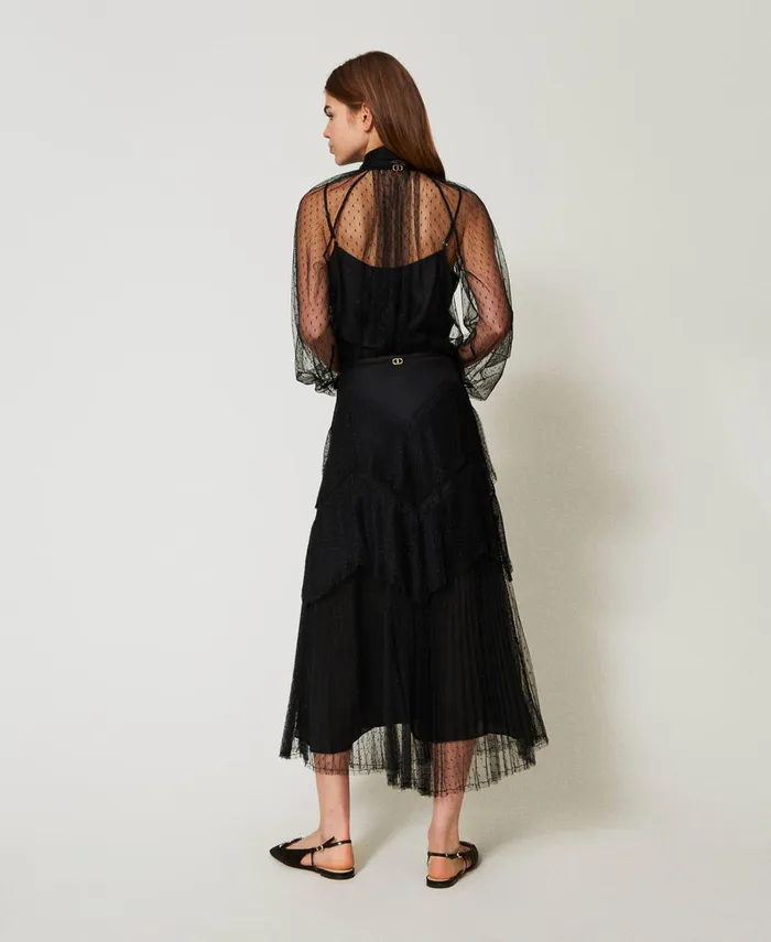 Twinset Long Tulle Skirt With Pleated Flounces Black Women Skirts Twinset Long Tulle Skirt With Pleated Flounces Black Women Skirts