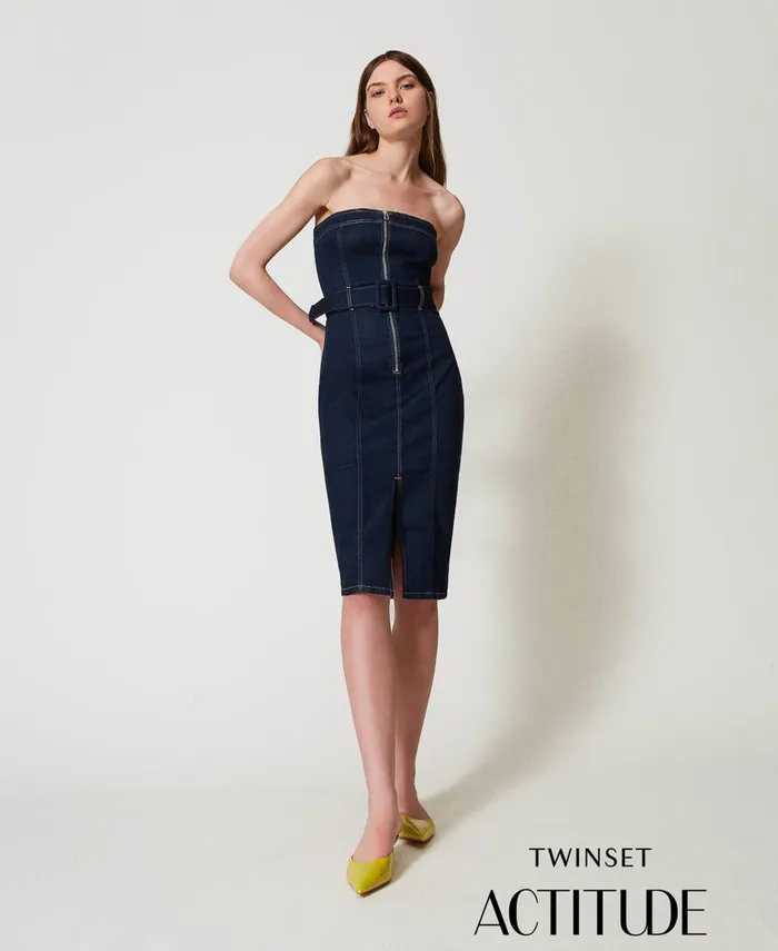 Twinset Midi Denim Bustier Dress Rinsed Denim Women Dresses
