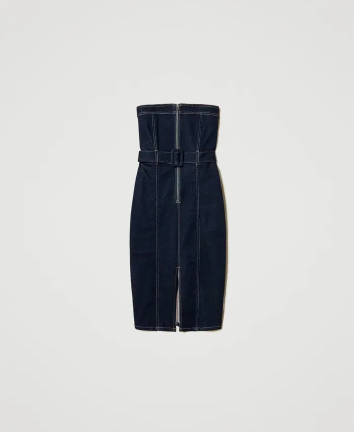 Twinset Midi Denim Bustier Dress Rinsed Denim Women Dresses
