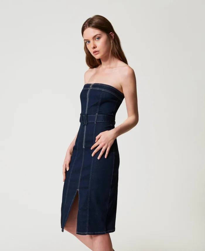 Twinset Midi Denim Bustier Dress Rinsed Denim Women Dresses