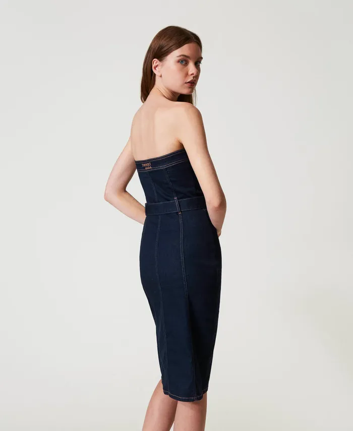 Twinset Midi Denim Bustier Dress Rinsed Denim Women Dresses