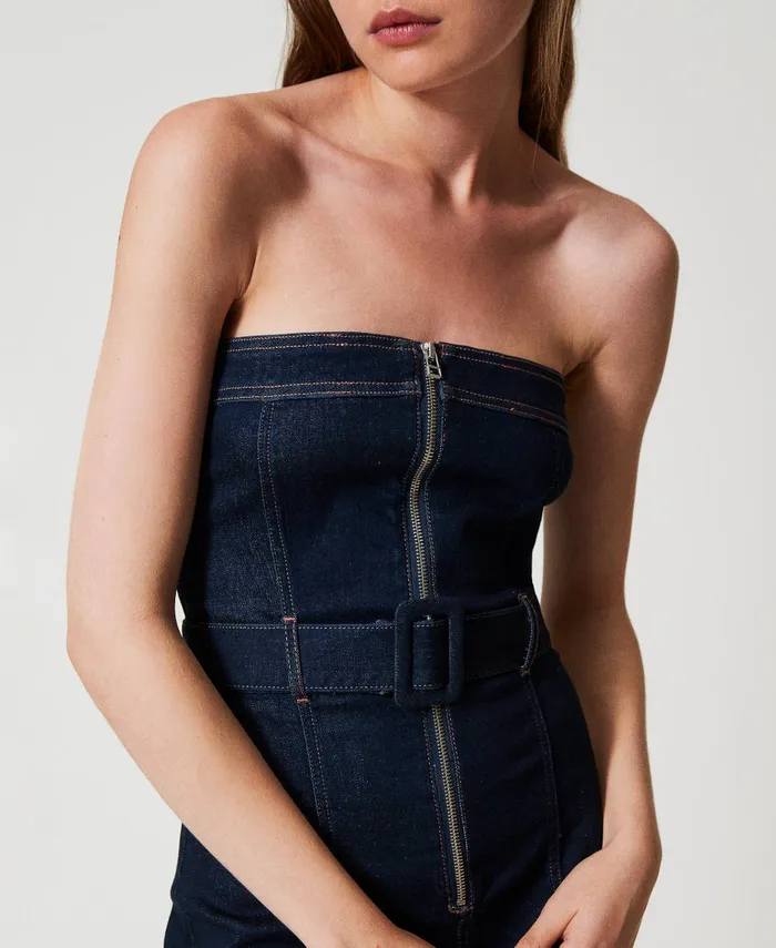 Twinset Midi Denim Bustier Dress Rinsed Denim Women Dresses