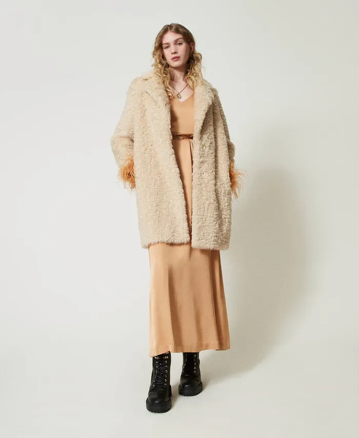 Twinset Midi Faux Fur Coat Ivory Women Jackets And Outerwear
