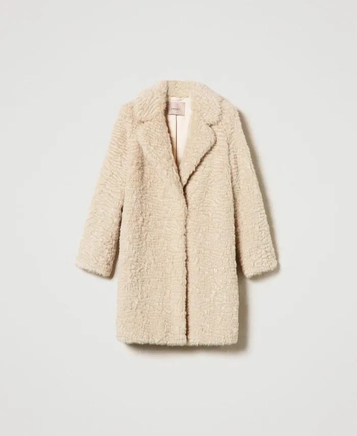 Twinset Midi Faux Fur Coat Ivory Women Jackets And Outerwear