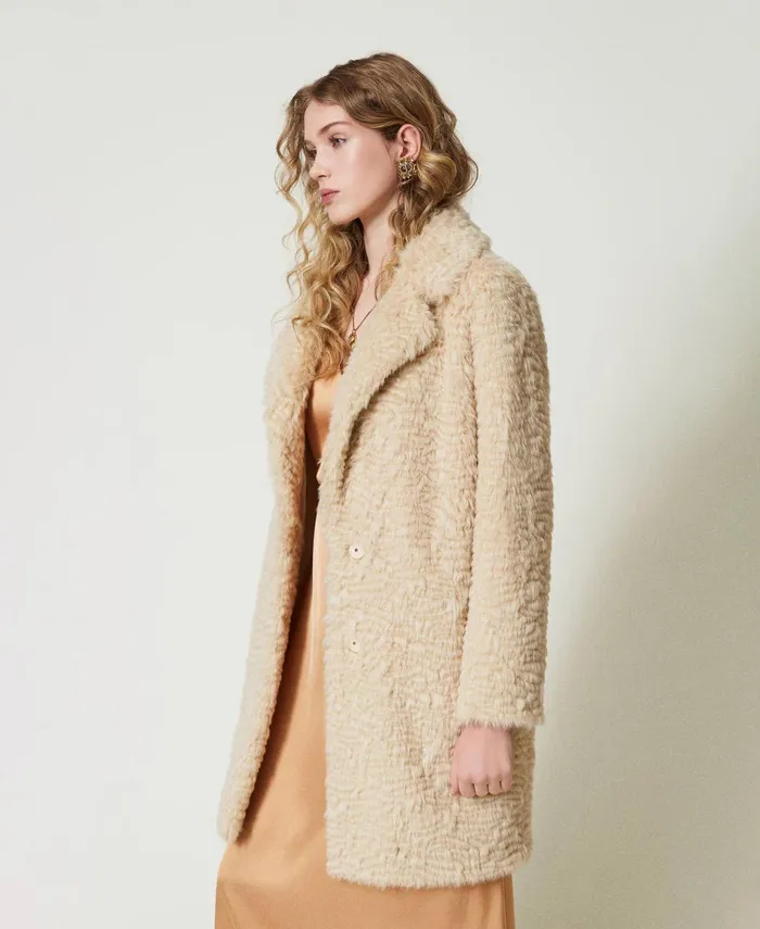 Twinset Midi Faux Fur Coat Ivory Women Jackets And Outerwear