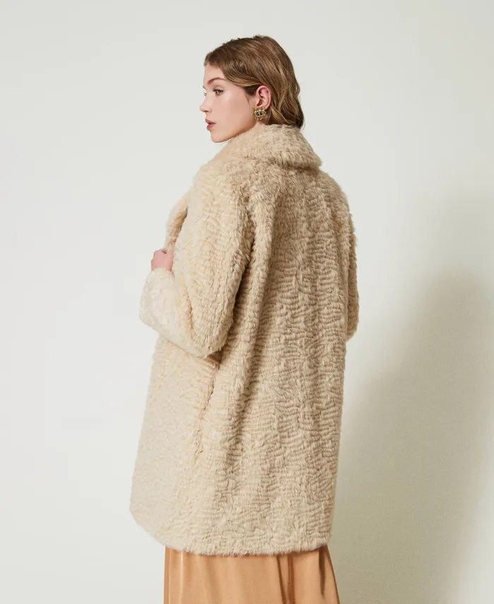 Twinset Midi Faux Fur Coat Ivory Women Jackets And Outerwear