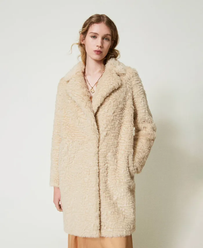Twinset Midi Faux Fur Coat Ivory Women Jackets And Outerwear