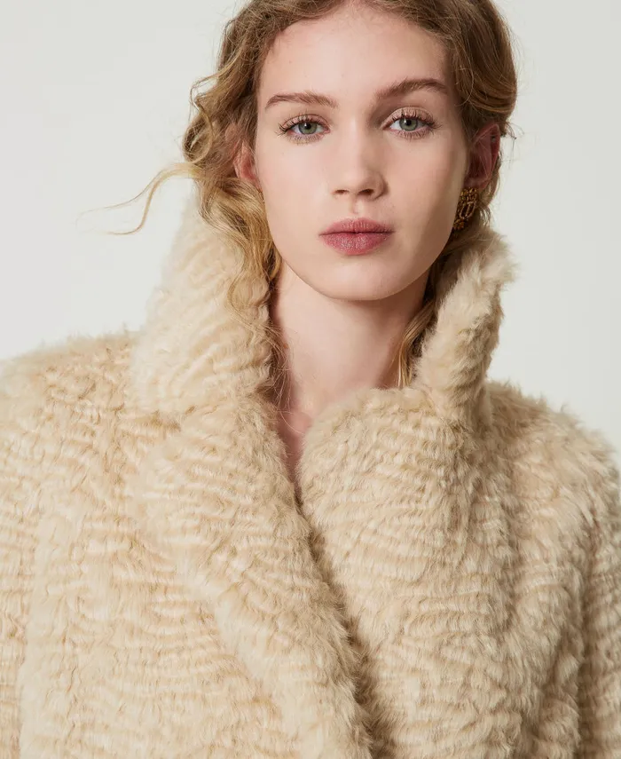 Twinset Midi Faux Fur Coat Ivory Women Jackets And Outerwear