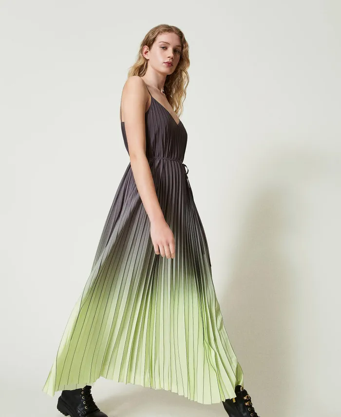 Twinset Pleated Georgette Long Printed Dress Twotone Blackened Pearl Grey Soft Lime Green Women Dresses