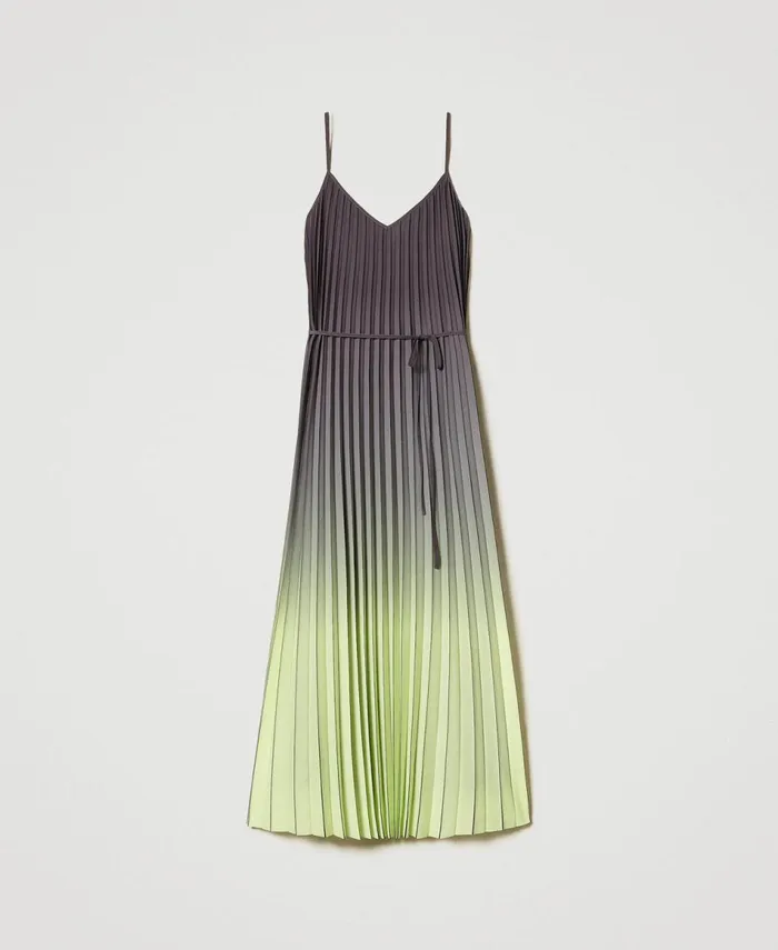 Twinset Pleated Georgette Long Printed Dress Twotone Blackened Pearl Grey Soft Lime Green Women Dresses Twinset Pleated Georgette Long Printed Dress Twotone Blackened Pearl Grey Soft Lime Green Women Dresses