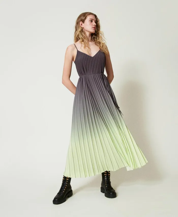 Twinset Pleated Georgette Long Printed Dress Twotone Blackened Pearl Grey Soft Lime Green Women Dresses Twinset Pleated Georgette Long Printed Dress Twotone Blackened Pearl Grey Soft Lime Green Women Dresses