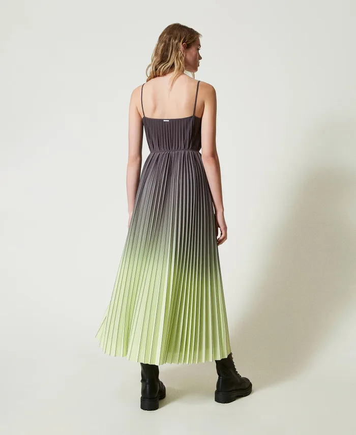 Twinset Pleated Georgette Long Printed Dress Twotone Blackened Pearl Grey Soft Lime Green Women Dresses Twinset Pleated Georgette Long Printed Dress Twotone Blackened Pearl Grey Soft Lime Green Women Dresses