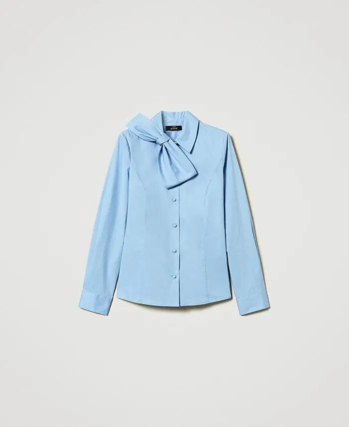 Twinset Poplin Shirt With Bow Air Blue Women Blouses And Shirts Twinset Poplin Shirt With Bow Air Blue Women Blouses And Shirts