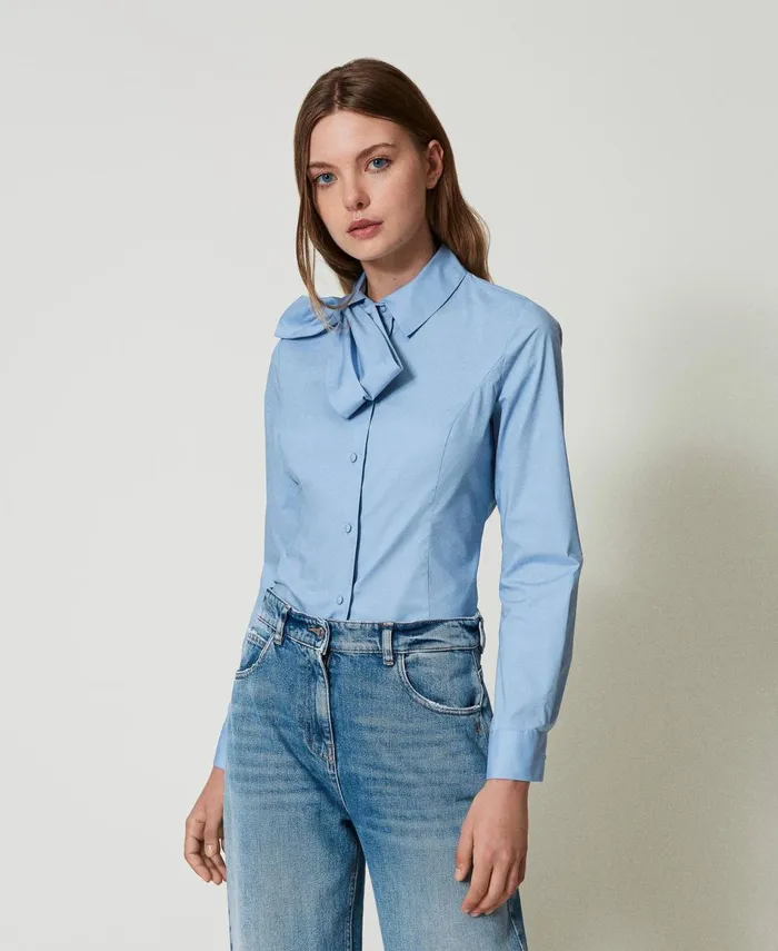 Twinset Poplin Shirt With Bow Air Blue Women Blouses And Shirts Twinset Poplin Shirt With Bow Air Blue Women Blouses And Shirts