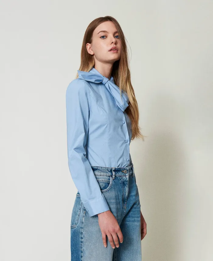 Twinset Poplin Shirt With Bow Air Blue Women Blouses And Shirts Twinset Poplin Shirt With Bow Air Blue Women Blouses And Shirts