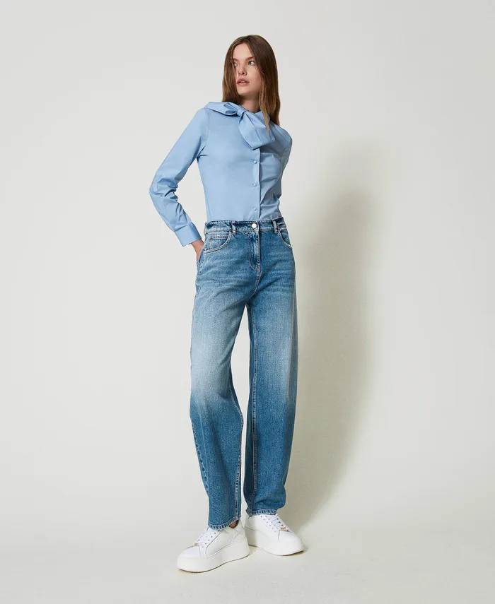 Twinset Poplin Shirt With Bow Air Blue Women Blouses And Shirts Twinset Poplin Shirt With Bow Air Blue Women Blouses And Shirts