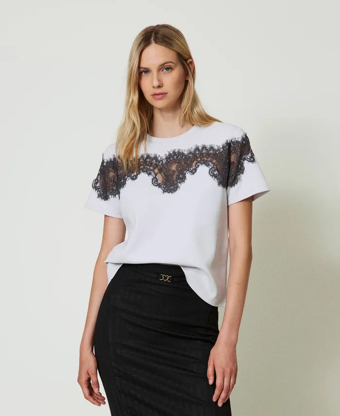 Twinset Regular Fit TShirt With Inlaid Lace Twotone Silver Blackened Pearl Grey Women TShirts And Tops