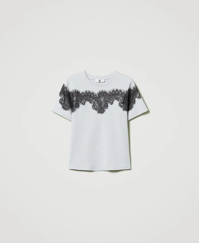 Twinset Regular Fit TShirt With Inlaid Lace Twotone Silver Blackened Pearl Grey Women TShirts And Tops Twinset Regular Fit TShirt With Inlaid Lace Twotone Silver Blackened Pearl Grey Women TShirts And Tops