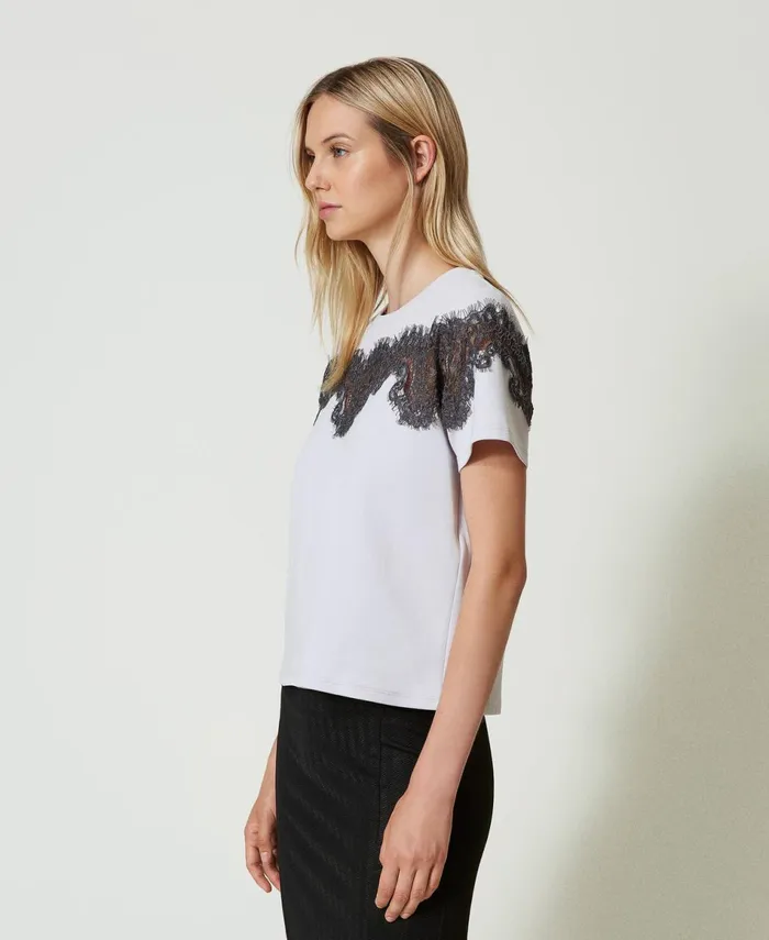 Twinset Regular Fit TShirt With Inlaid Lace Twotone Silver Blackened Pearl Grey Women TShirts And Tops Twinset Regular Fit TShirt With Inlaid Lace Twotone Silver Blackened Pearl Grey Women TShirts And Tops