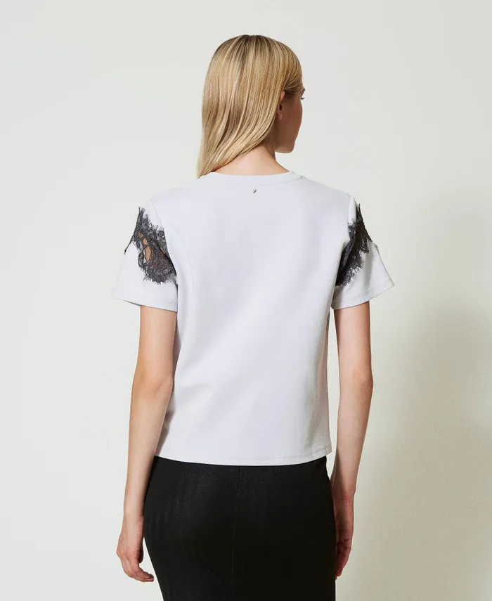 Twinset Regular Fit TShirt With Inlaid Lace Twotone Silver Blackened Pearl Grey Women TShirts And Tops Twinset Regular Fit TShirt With Inlaid Lace Twotone Silver Blackened Pearl Grey Women TShirts And Tops