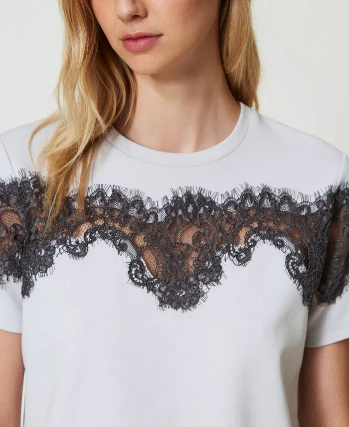 Twinset Regular Fit TShirt With Inlaid Lace Twotone Silver Blackened Pearl Grey Women TShirts And Tops Twinset Regular Fit TShirt With Inlaid Lace Twotone Silver Blackened Pearl Grey Women TShirts And Tops