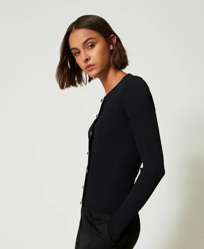 Twinset Ribbed Cardigan With Studs Black Women Jumpers And Cardigans Twinset Ribbed Cardigan With Studs Black Women Jumpers And Cardigans