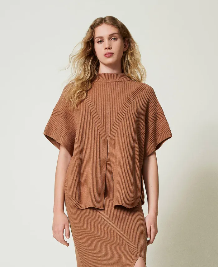 Twinset Ribbed Poncho Jumper Caramel Camel Women Jackets And Outerwear