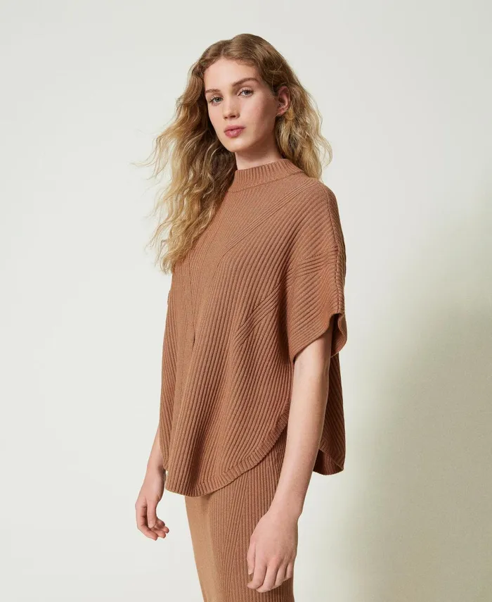 Twinset Ribbed Poncho Jumper Caramel Camel Women Jackets And Outerwear Twinset Ribbed Poncho Jumper Caramel Camel Women Jackets And Outerwear