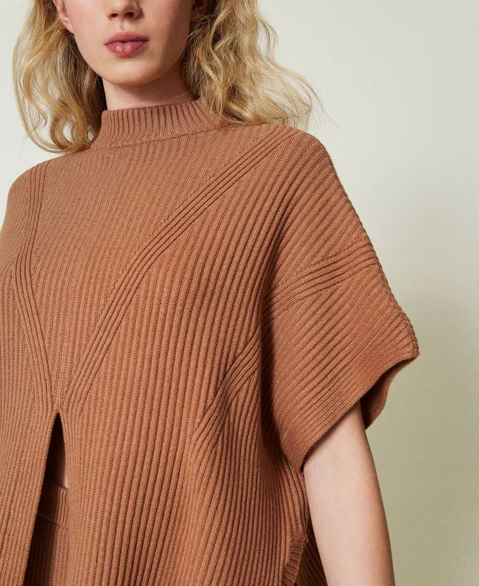 Twinset Ribbed Poncho Jumper Caramel Camel Women Jackets And Outerwear Twinset Ribbed Poncho Jumper Caramel Camel Women Jackets And Outerwear